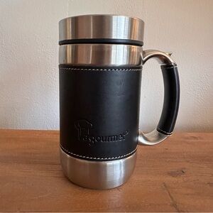 Stainless Steel and black leather 12 oz travel mug